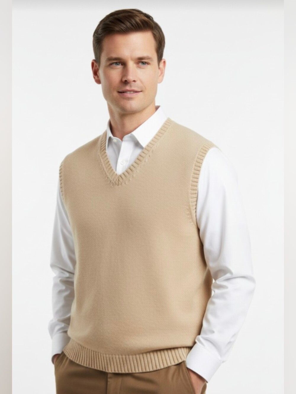 LANDS' END! RICH TAN/BEIGE 100% COTTON FINE KNIT V-NECK SWEATER VEST! SZ XL
